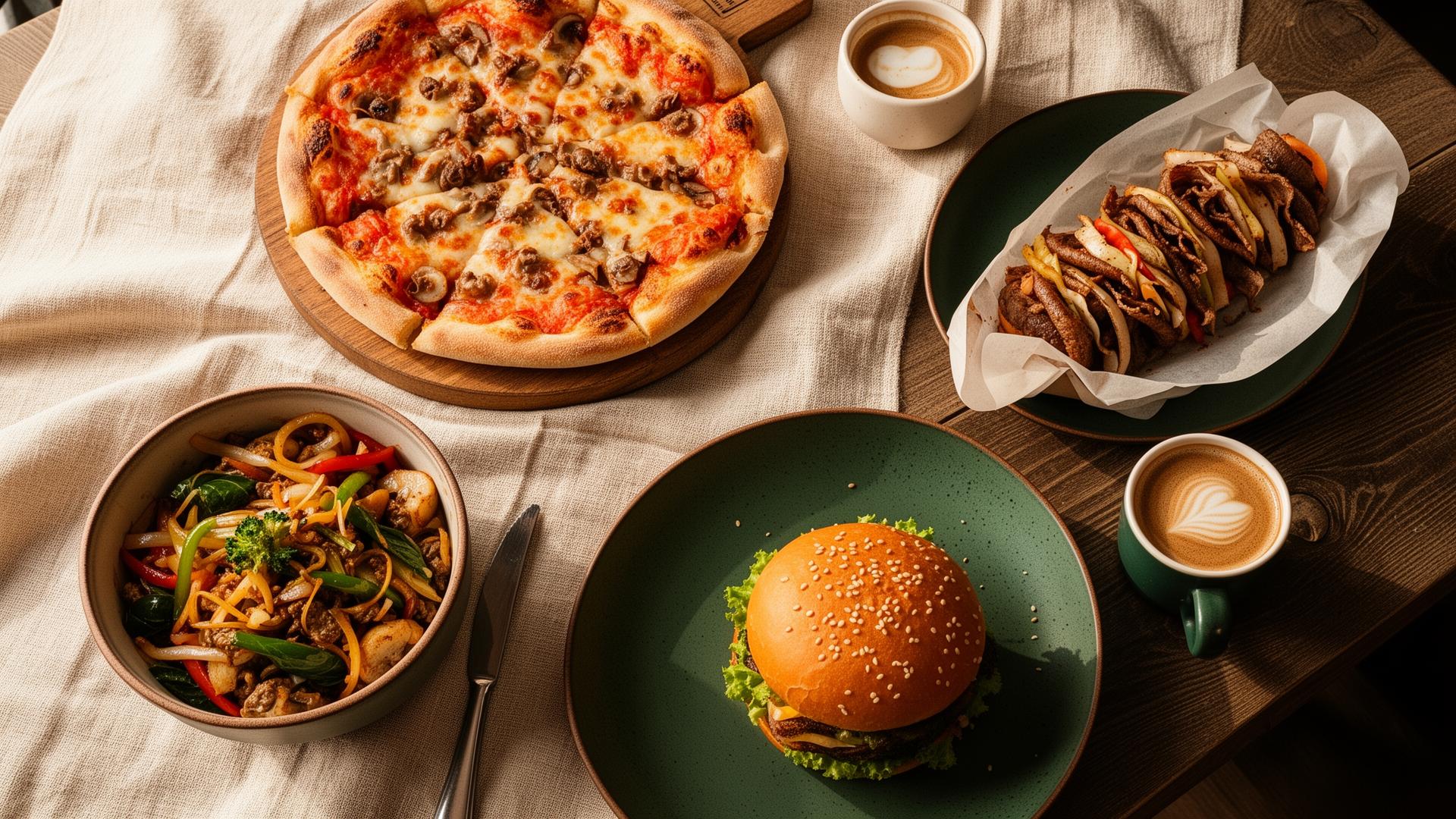 Regionale Gerichte: Pizza, Döner, Wok, Burger und Kaffee auf einem warmen Holztisch